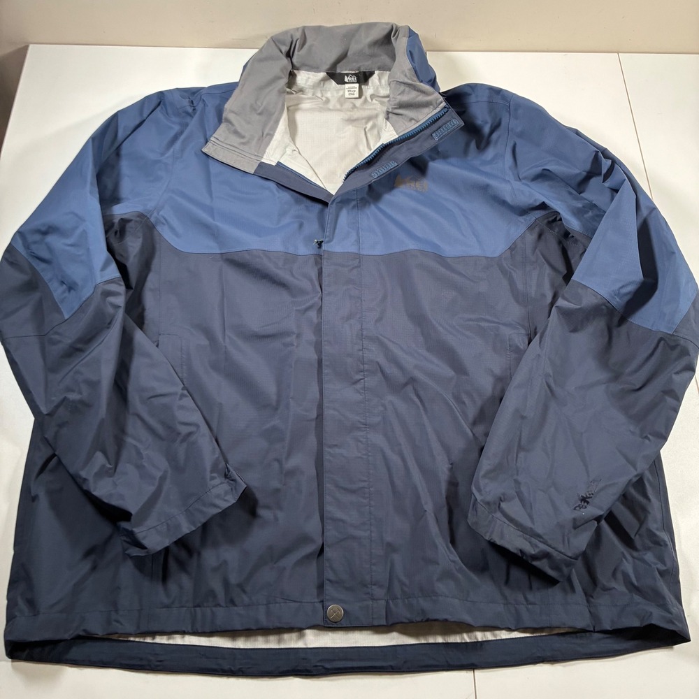 REI Coop Rainier Rain Jacket 2XL Blue Colorblock Waterproof Hooded Hiking